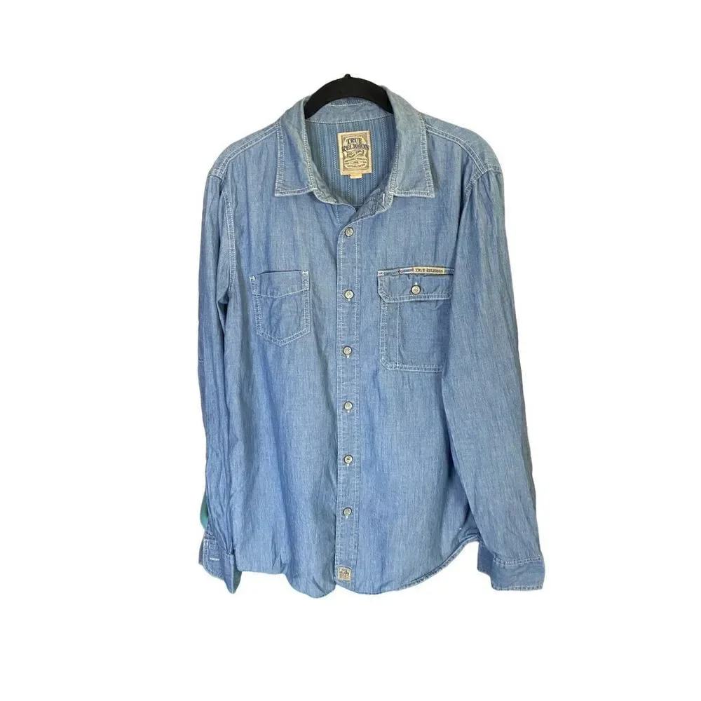 True religion, men’s blue denim, long sleeve button, front shirt, size medium